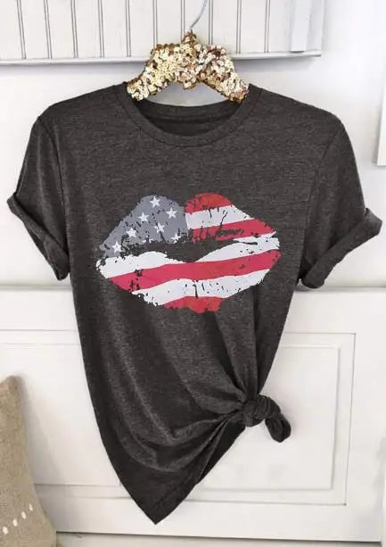 رواج الأمريكية العلم الشفاه تي شيرت خطابات النساء T قميص الإناث المتناثرة مضحك بلايز سيدة أعلى المحملة محب الكورية الملابس