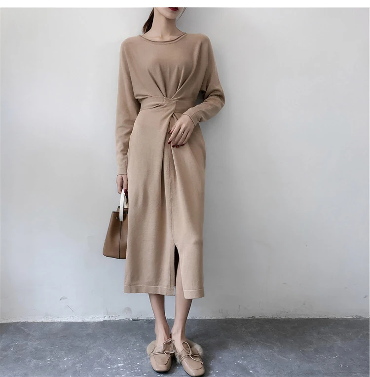 

2018 Fall Winter Cross Sash Front Split Sweater Dress Long Sleeve Solid Color O-neck Pencil Dress Midi Female Cold Wind Vestido