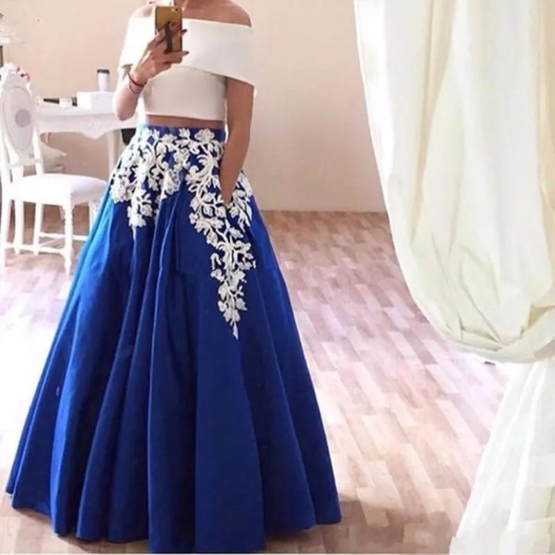 

Two Pieces Prom Dresses 2019 Pocket A Line Royal Blue Skirt Crop Top Off the Shoulder White Appliques vestidos de festa elegant