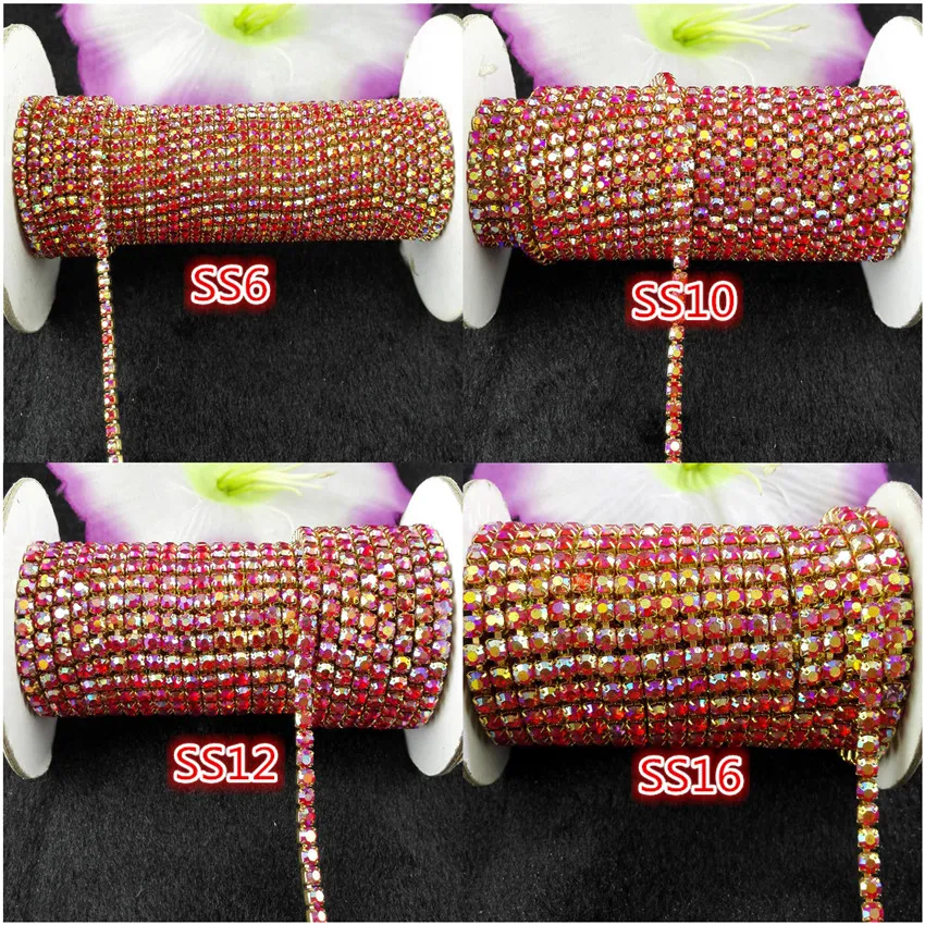 

10yards, SS6/10/12/16,Red ab color ,Glass Crystal Rhinestone Gold base chain compact close rhinestone chain for phone,clothes