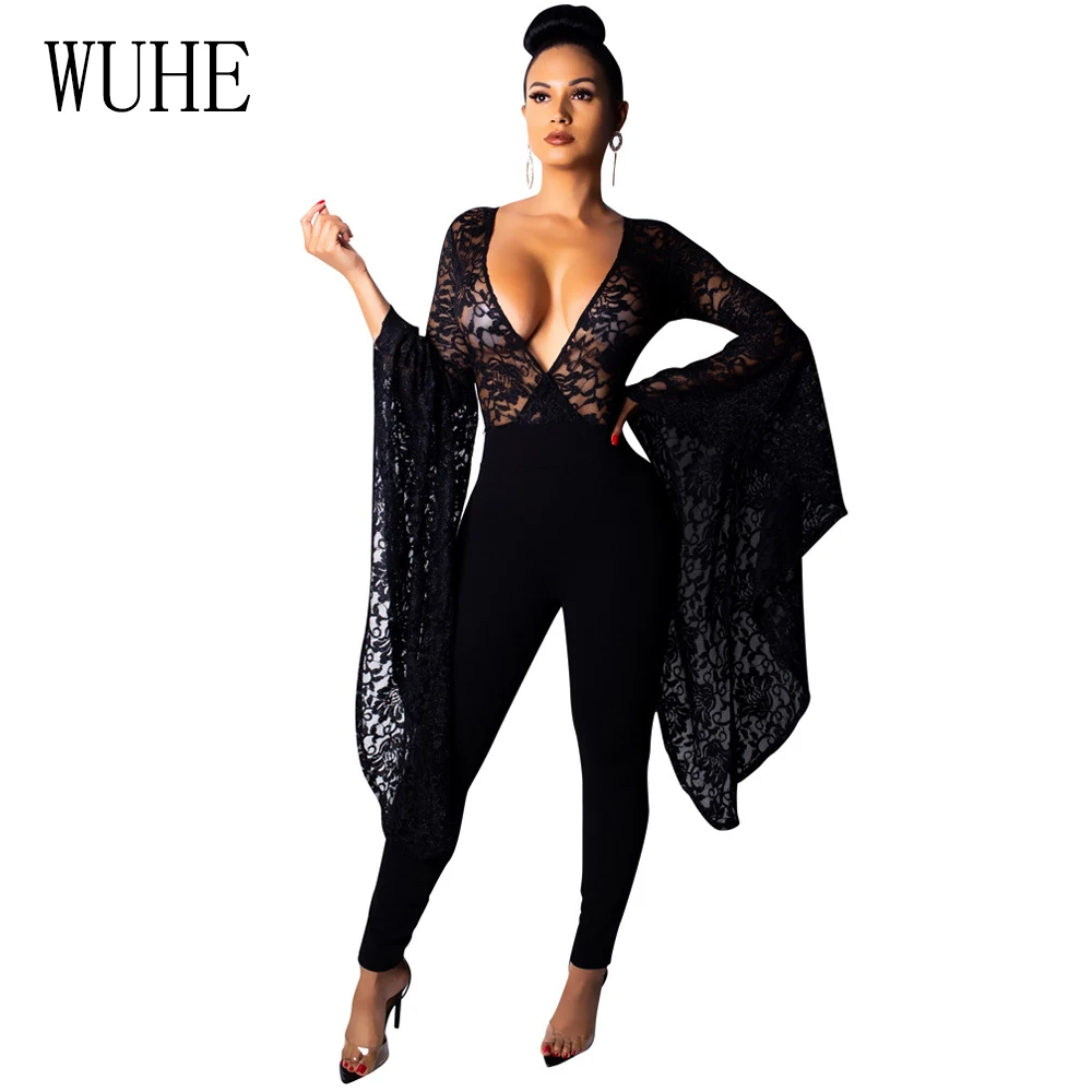 WUHE Sexy Sheer Black Lace Jumpsuit Bodysuit Women See Through Flare Long Sleeve Deep V Neck Rompers Long Pants Party Overalls