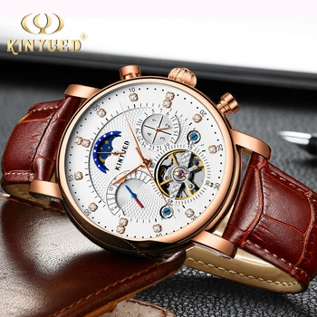 

KINYUED Skeleton Mechanical Watches Mens Classic Rose Gold Tourbillon Automatic Watch Men Moon Phase Calendar Relogio Masculino