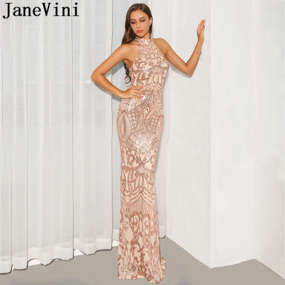 

JaneVini Rose Gold Dress Long Prom Gowns Bling Sequined Halter Elegant Mermaid Red Carpet Dress Sexy Backless Evening Gowns 2019