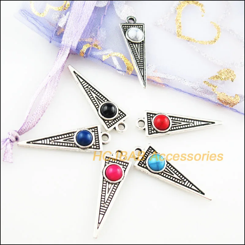 

12Pcs Tibetan Silver Color Triangle Mixed Stone Charms Pendant 9x29.5mm