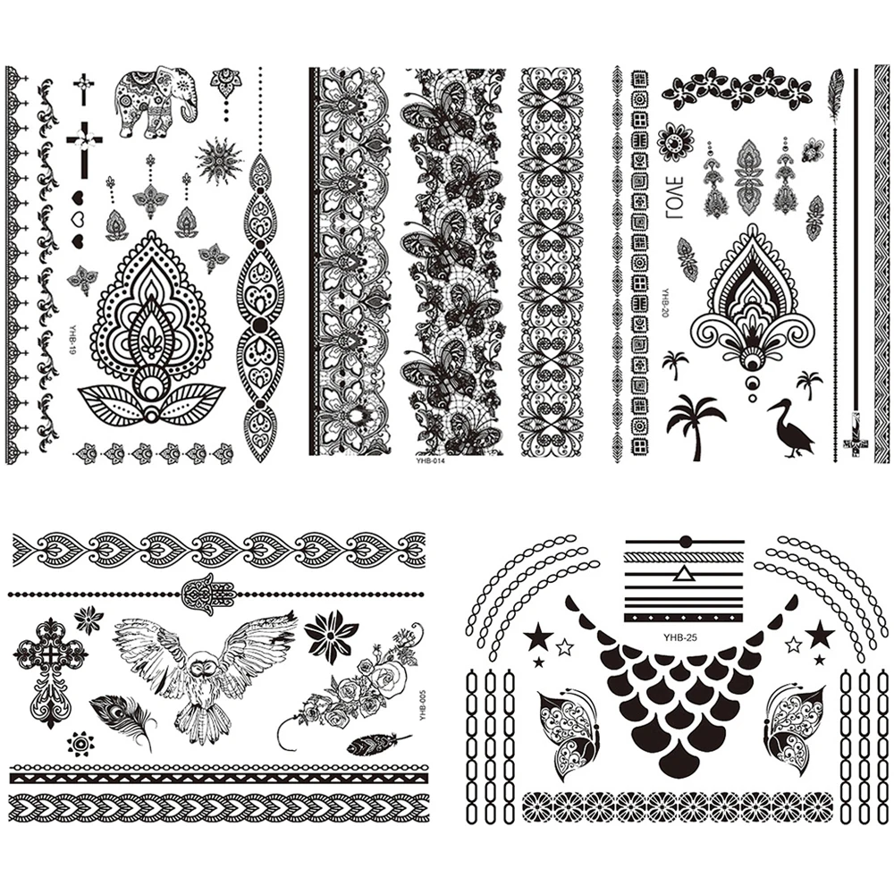 5 Pieces Temporary Animal Tattoo Sticker Owl Butterfly Elephant Crane Design Flower Lace Pendant Tattoo Decal Painless for Women (2)