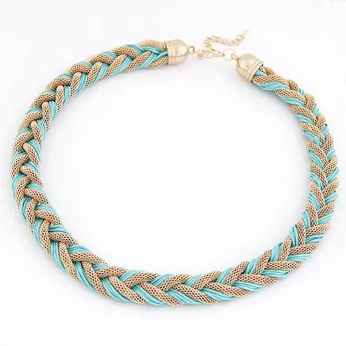 

LEMOER Fashion Jewelry Summer Handmade Weave Braided Rope with Gold Alloy Chain Bib Choker Collar Chunky Necklace for Women Gift