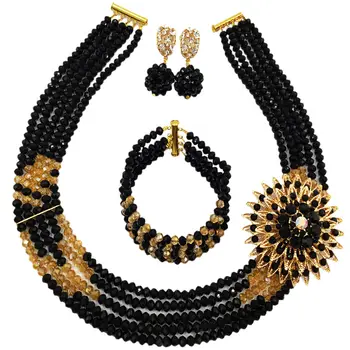 

Fashion Black Gold AB Crystal Beaded Multi Strands Necklace Nigerian Wedding African Beads Jewelry Set for Women 5C-YHK01