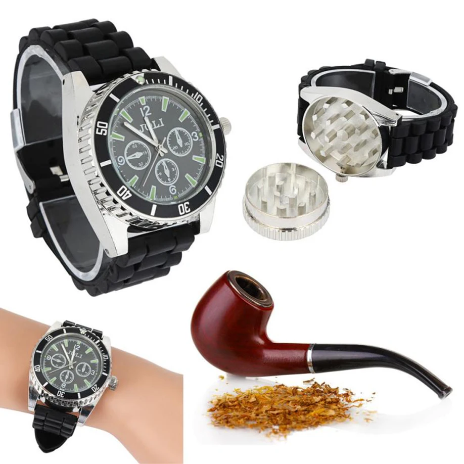 Новые модные классные мужские часы цинковый сплав, измельчитель табака черные мужские деловые наручные часы мужские травы Пряная табачная мельница сигаретная дробилка
