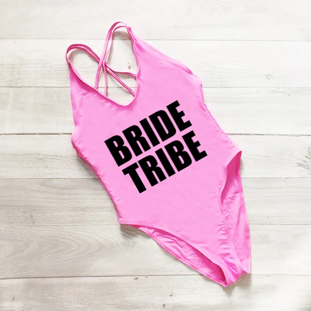 Cross Back One Piece Swimsuit BRIDE TRIBE Letter Print Plus Size Swimwear Women Black mayo Sexy Bodysuit monokini Swim Suit Gold