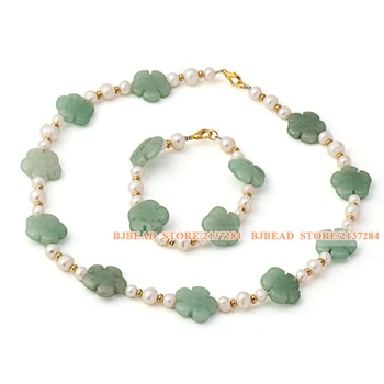 

Enchanting Nice Natural White Freshwater Pearl And Aventurine Flower Sets With Lobster Clasp(Necklace With Matched Bracelet)