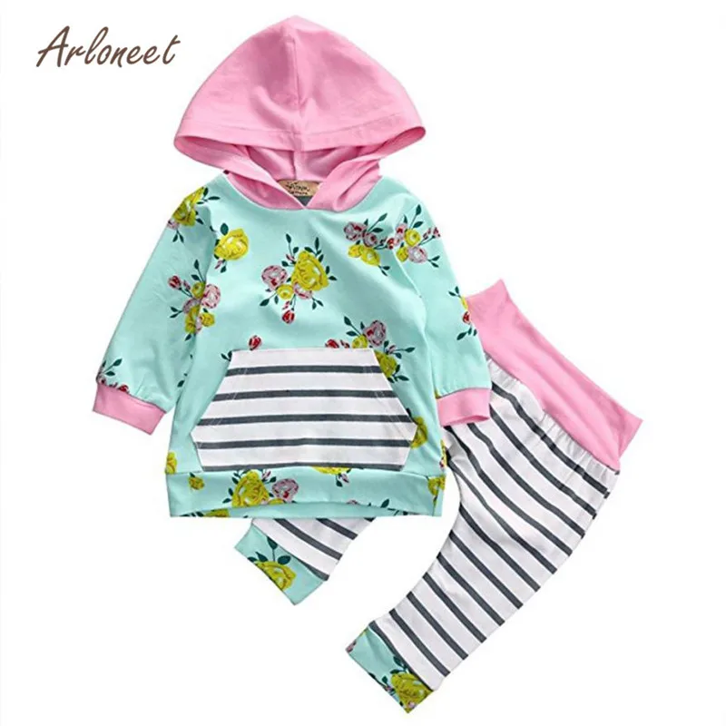 

ARLONEET Newborn Infant Baby Girl Floral Striped Hoodie Tops+Pants Outfits Clothes Set Long Sleeve Cotton Blend Striped 0521