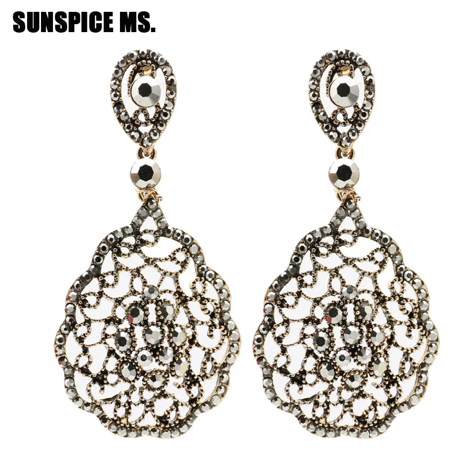 

SUNSPICE MS Gothic Dangle Earrings for Women Antque Gold Silver Color Gray Stone Big Metal Ear Pendants Ethnic Wedding Jewelry