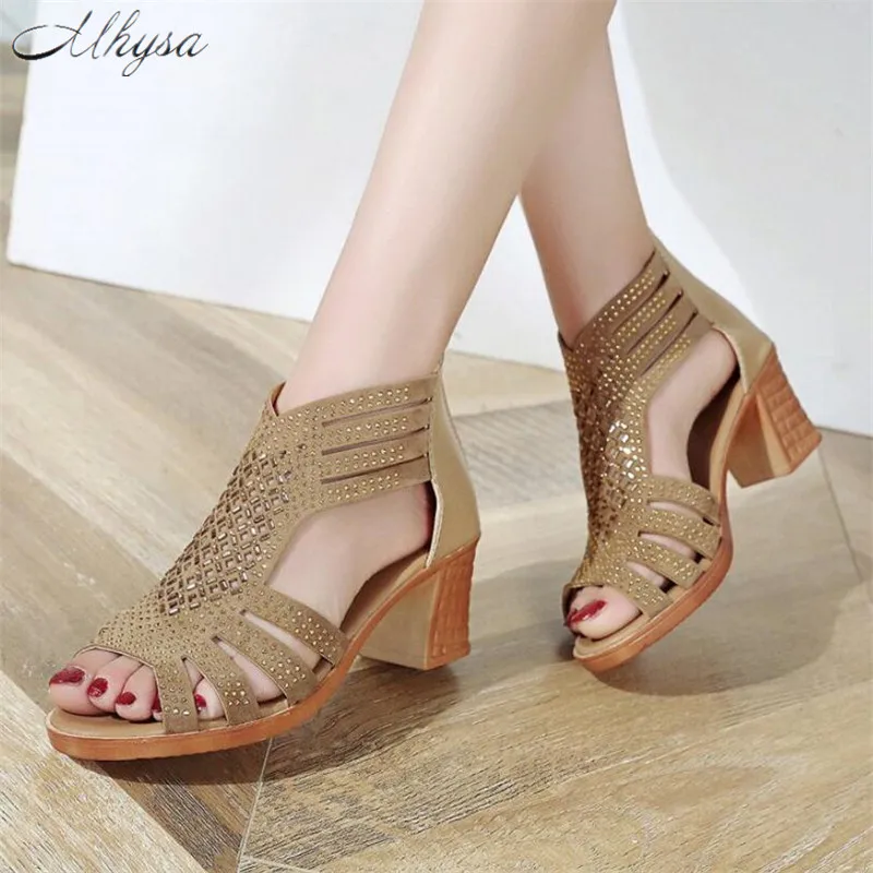 

Mhysa 2019 Summer Women Fashion Crystal Hollow Out Peep Toe square toe gladiator Sandals High Heeled Shoes zapatos mujer T574