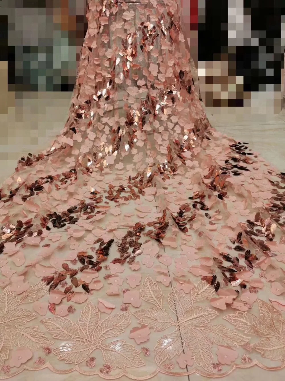

2019 5 yards high quality with peach embroidered net tulle mesh lace gold line french sequins lace fabrics for wedding dress
