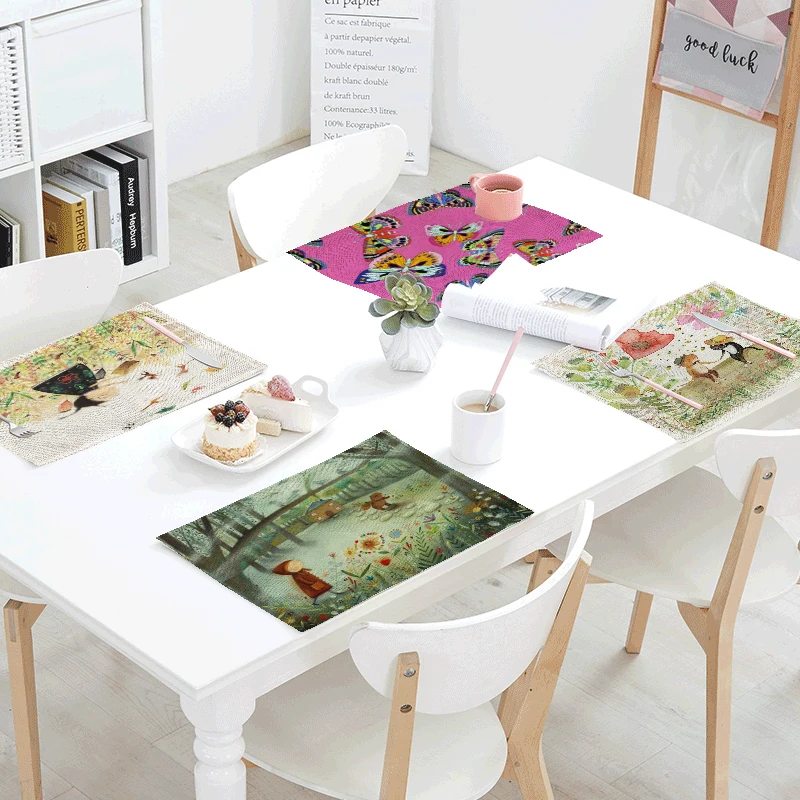

Spring Series Table Napkins Linen Little Girl Butterfly Grass Pattern Tablecloth Family Table Children Tableware Decor Placemat