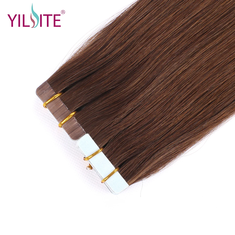 Yilite 16-20 pulgadas un Doner cutícula completa extensiones de cabello humano, se puede teñir cinta de pelo Remy europea en extensiones de cabello