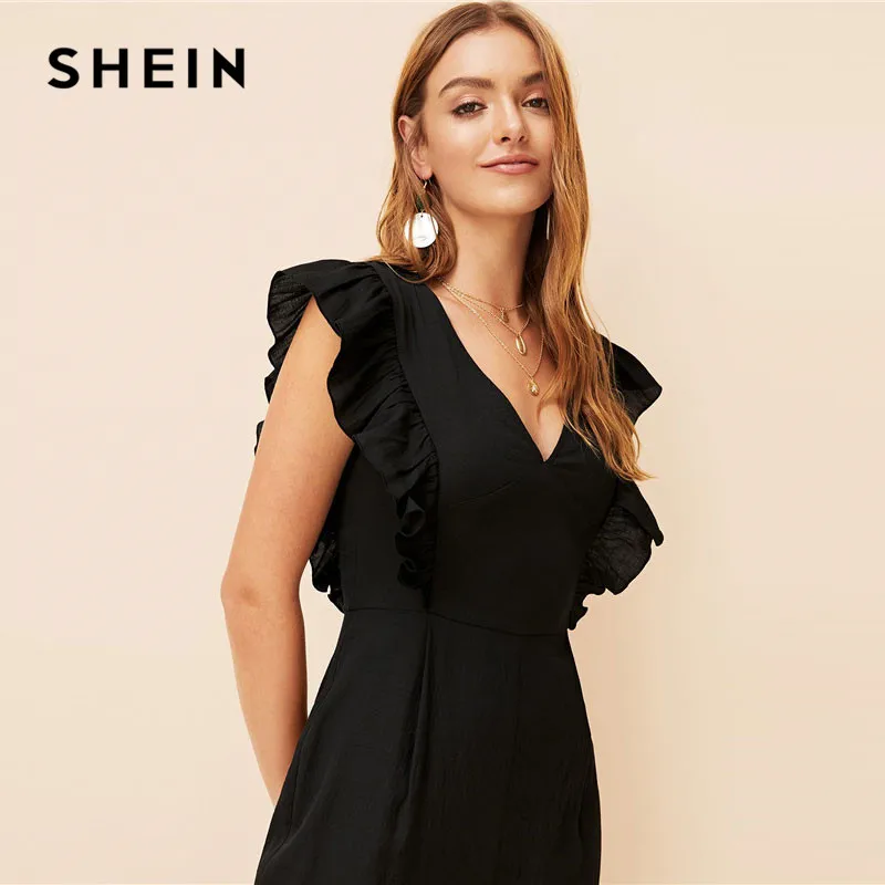 SHEIN Широкий Комбинезон С Глубоким V-Образным Вырезом И Оборками Женский Черный Богемный Комбинезон Без Рукавов И С Высокой Талией