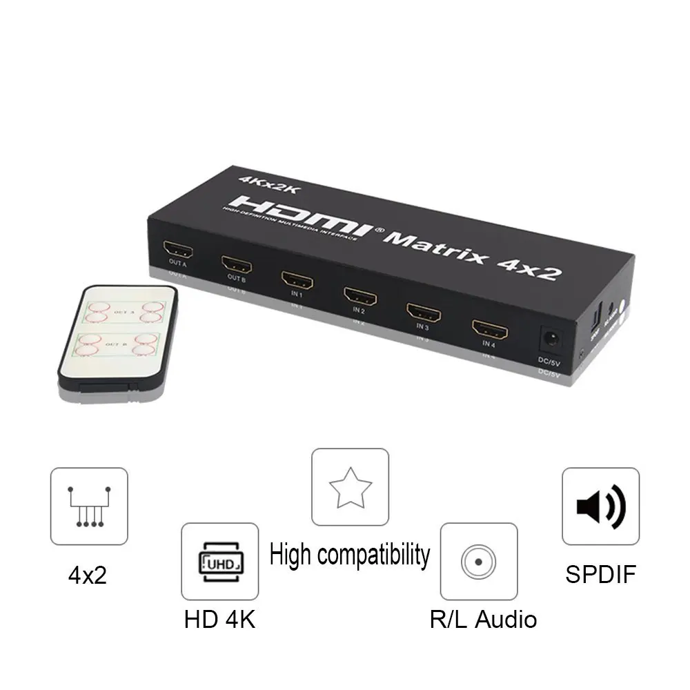 

4 x 2 HDMI Matrix Switch 4K@30HZ 4 in 2 out HDMI HD True Matrix Switcher/Splitter, with SPDIF and L/R 3.5mm HDMI Audio Extractor