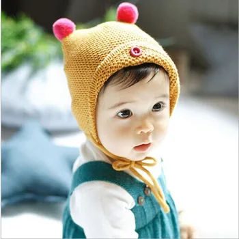 

Girl Boy Toddler Infant Kids Caps Ear Knitted Baby Cap Boys Girls Cotton Thick Warm Hat For Ages 4-8 M Hand-Made knitted Hat