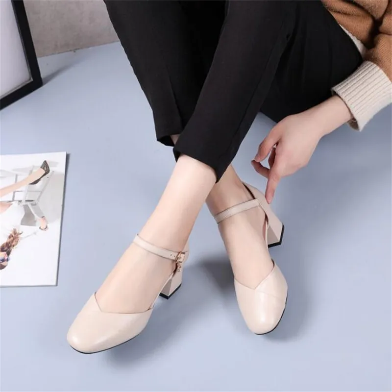 

Genuine Leather Women's high heels Baotou sandals summer new hollow round head high heels women's wild thick with single shoes