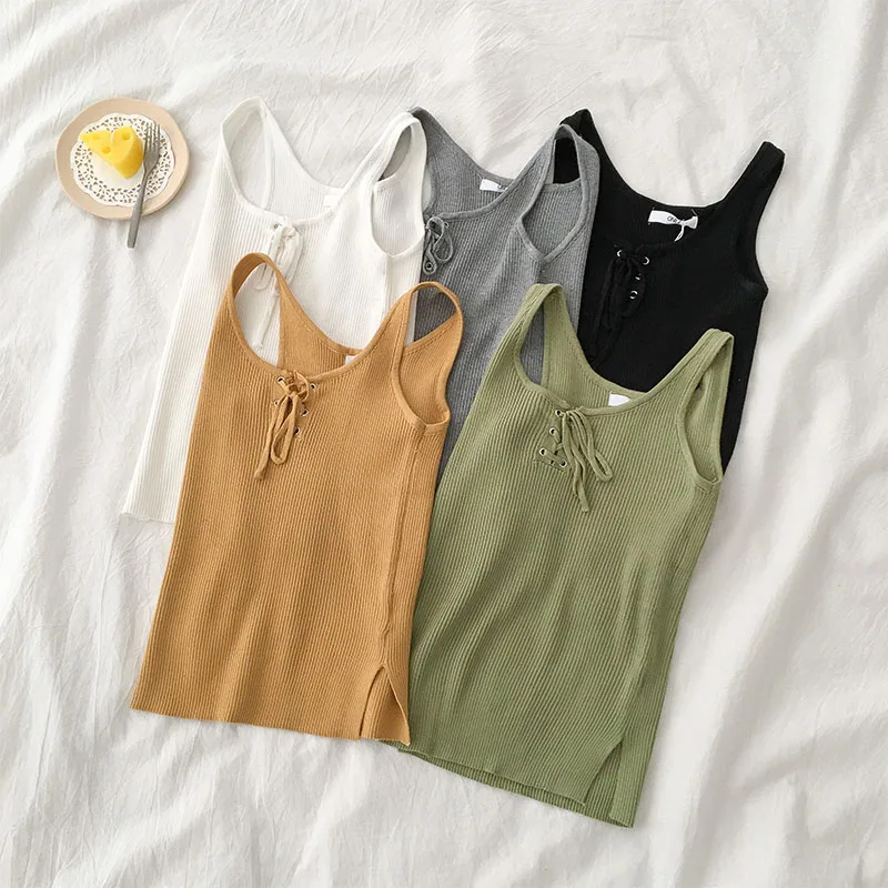 

Women's Summer Simple Knitted Tank Tops Casual Solid Color Sleeveless Bandage Slim Tanks Female All Match Bottom Camis