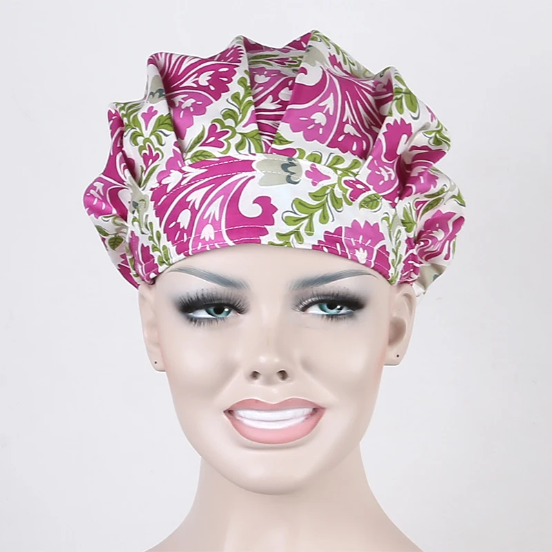 Buy medical bouffant caps in cotton in pink with small daisy surgical bouffant