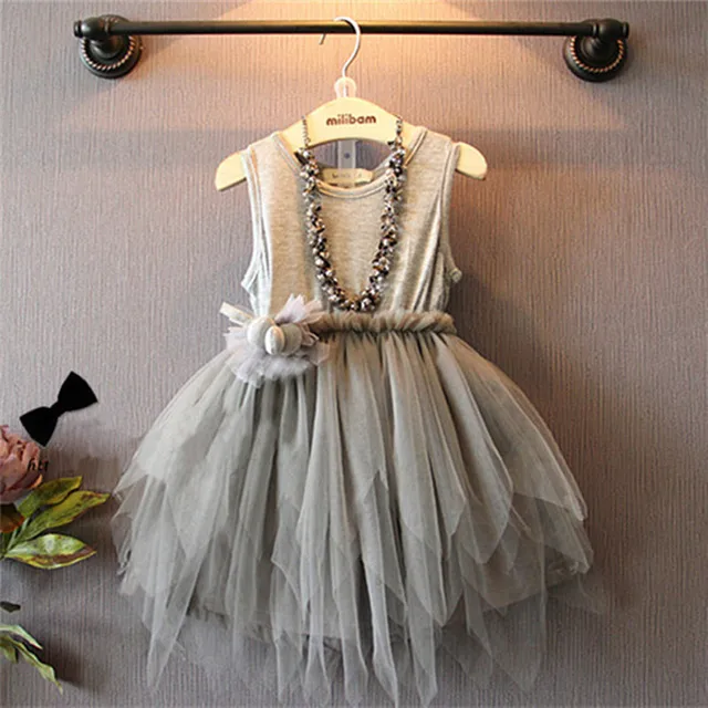 Новый летний стиль ну вечеринку малыш платья девочка платье принцессы неравномерное сетки одежда мяч костюм твердые лоскутная с цветком