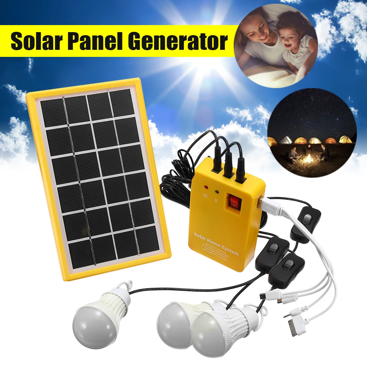 

Solar Power Panel Generator Kit 5V USB Charger Home System with 3 LED Bulbs Light Indoor/Outdoor Lighting Over Discharge Protect