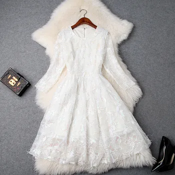 

White Dress Women 2019 Spring Mesh Embroidered Sequins Round Neck Wrist Length Sleeves High Waist Slim A-Line Princess Dress
