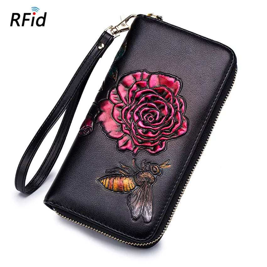 

New RFID Floral Bee Painting Phone Bag Leather Women Cards Wallet Female High Capacity Credit Long Clutch Coin Purse Card Holder