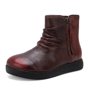 

6068-7 New Leather Flat-bottomed Boots Women Round Head Thick Bottom Simple Joker Genuine Leather Women's Boots Women Shoes