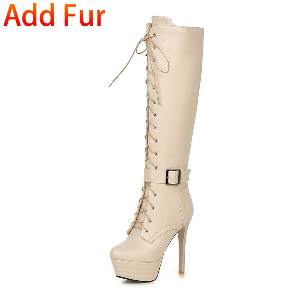 BONJOMARISA/большой размер 31-45, ботинки в байкерском стиле на очень высоком каблуке 13 см со шнуровкой г. Модная женская обувь на высокой платформе - Цвет: beige add thick fur