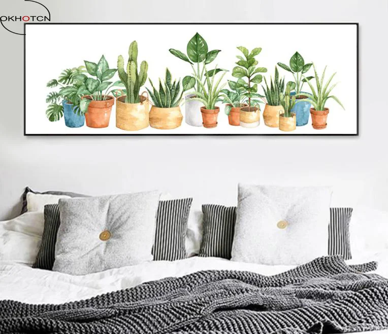 Green Plantain Leaf Nordic Potted Plant Picture Wall Decoration Watercolor Painting Not Framed Canvas Art | Дом и сад