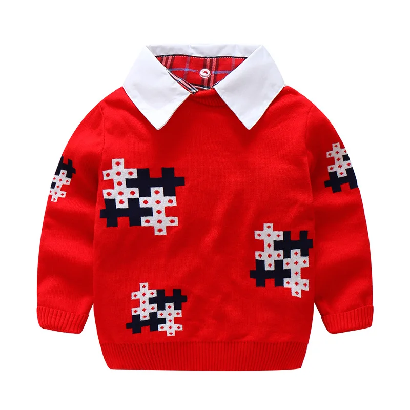 Новинка года, осенне-зимняя рубашка детский свитер с воротником для мальчиков детская одежда с принтом «тетрис» Детская одежда из толстой шерсти и хлопка Топ, пуловер для детей возрастом от 2 до 7 лет