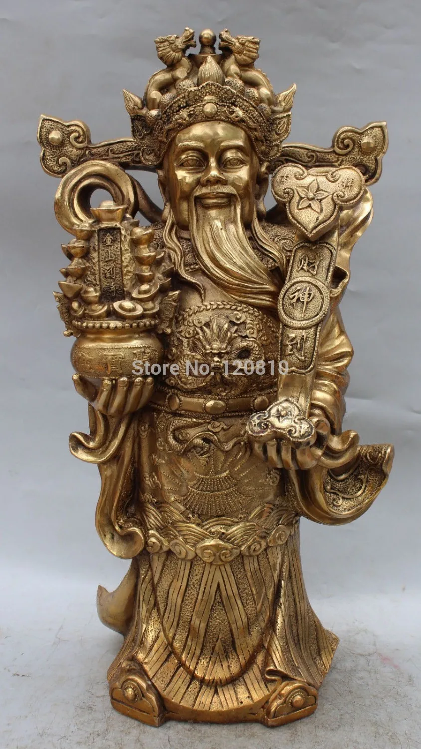 

20"Chinese Brass Wealth Yuanbao Money Mammon God Hold Ru Yi treasure bowl Statue