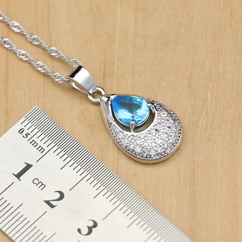 Sky Blue Cubic Zirconia 925 Silver Jewelry Sets For Women Water Drop Earrings With StonePendantNecklaceRing drop shipping (2)