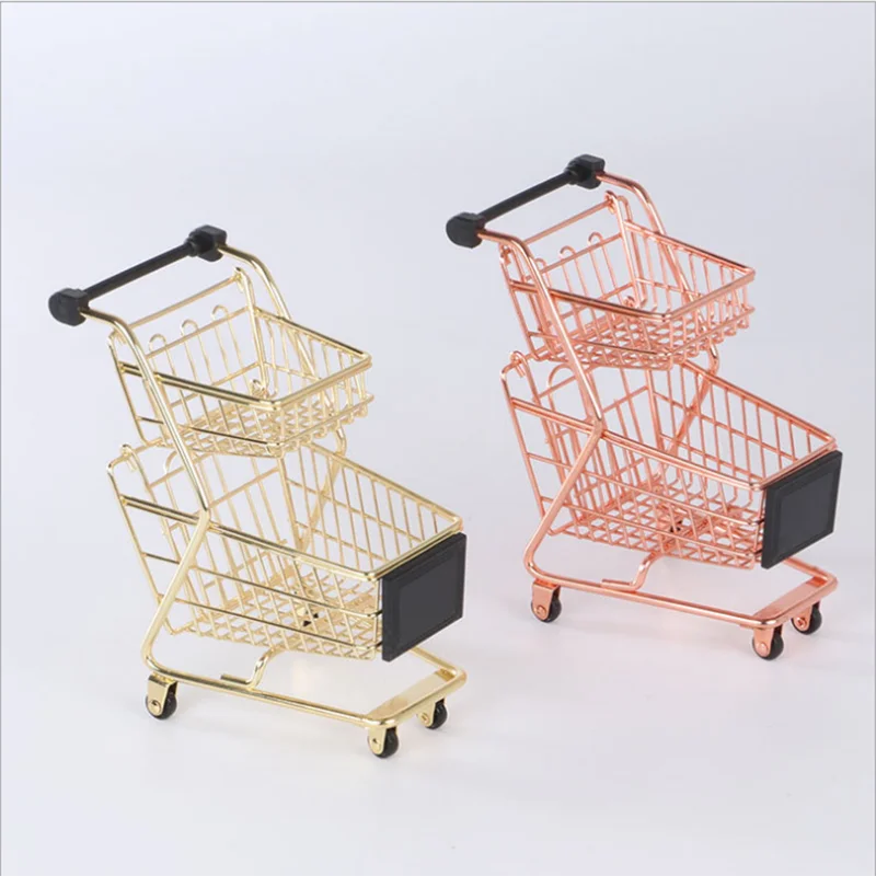 

Metal Mini Double Layer Storage Rack For Wrought Iron Simulation Supermarket Trolley Cart Toy Storage Rack Shopping Cart Holder