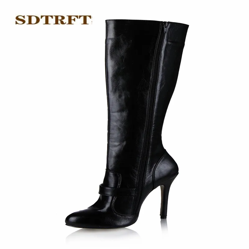 SDTRFT Winter Stilettos 12cm thin heels Knee-High boots Pointed Toe shoes Woman Crossdresser Botas Buckle pumps Plus:35-42 43 | Обувь
