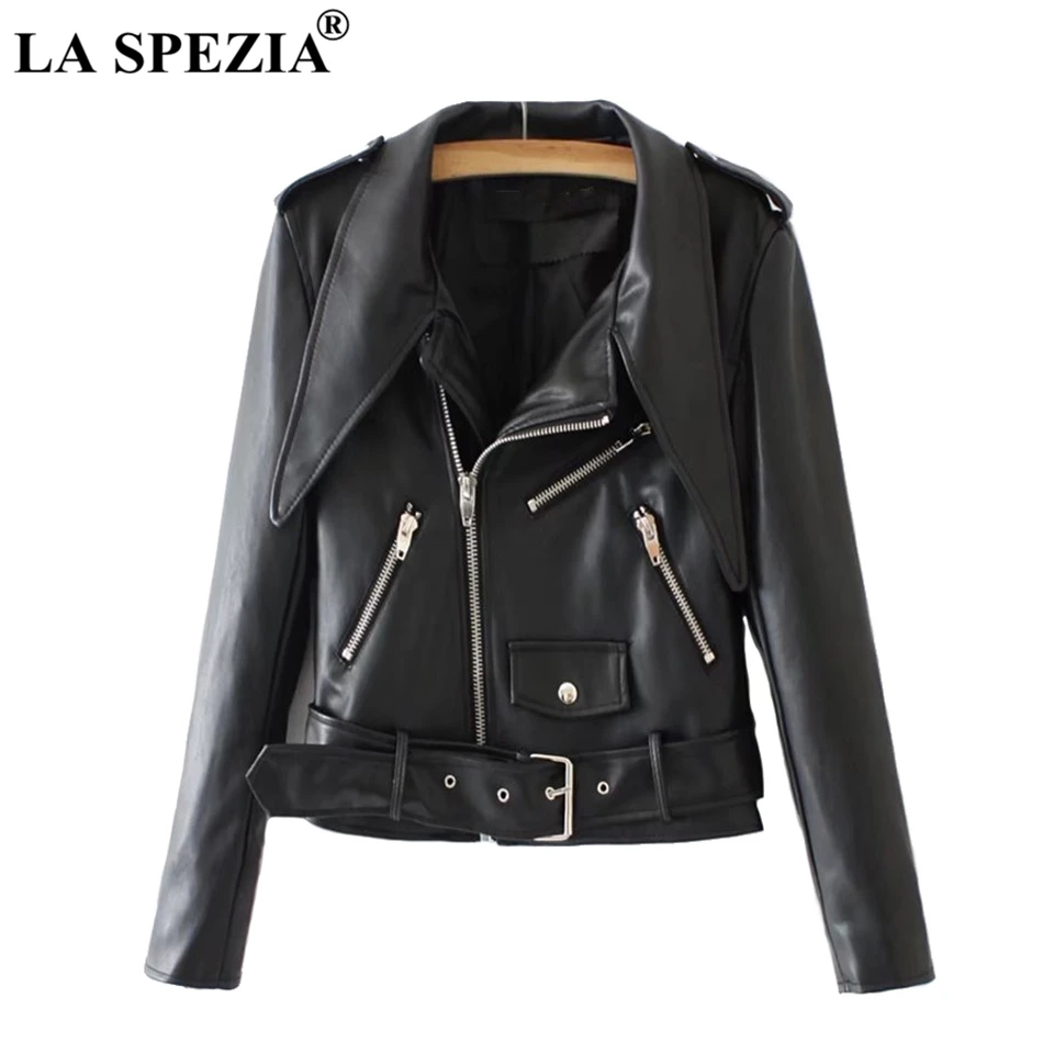LA SPEZIA Motorcycle Jacket Women Black Leather Coats Female Biker Belt Zipper Pockets Punk Autumn Winter Classic Jackets 2019