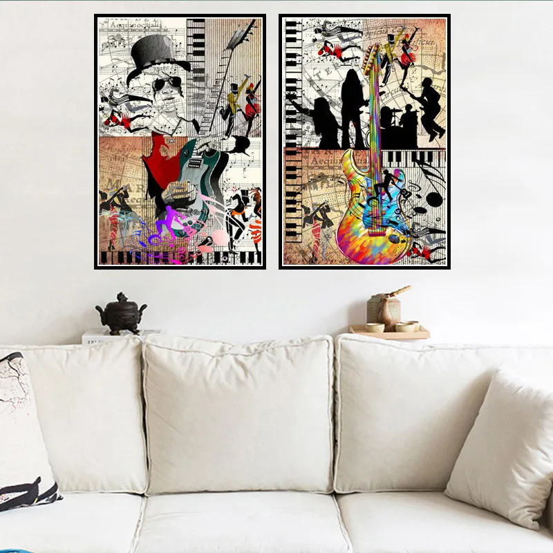 

Guitar Music Style Retro Design Unframed Fashionable Music Style Inkjet Oil Canvas Painting Ink Painting Poster Wall Art 70*50cm
