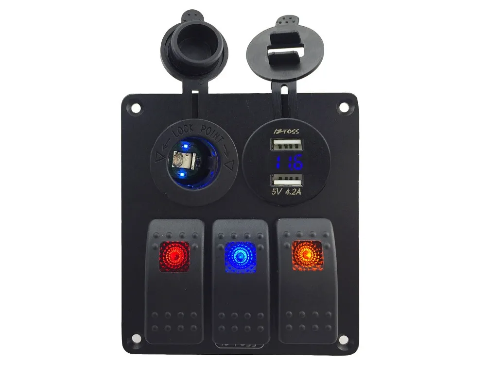 

DC12V-24V Power socket+ Double USB 4.2A Power Outlet Charger voltmeter Socket 3 Gang (red +blue +orange led )Rocker Switch Panel