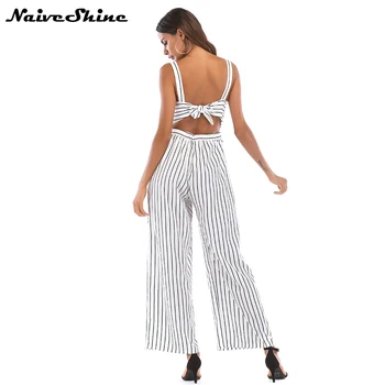 

Naive Shine Elegant Wide Leg Striped Off Shoulder Jumpsuits Women Summer Beach Long Rompers Playsuits Sexy Backless Bow Overalls