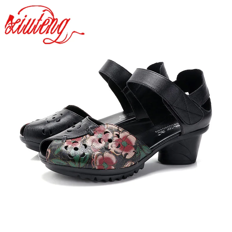 Xiuteng/туфли-лодочки из натуральной кожи на толстом каблуке с открытым носком; женская обувь; летняя повседневная женская обувь с капюшоном; винтажные туфли-лодочки на каблуке; женская весенняя обувь - Цвет: xt0107-Black