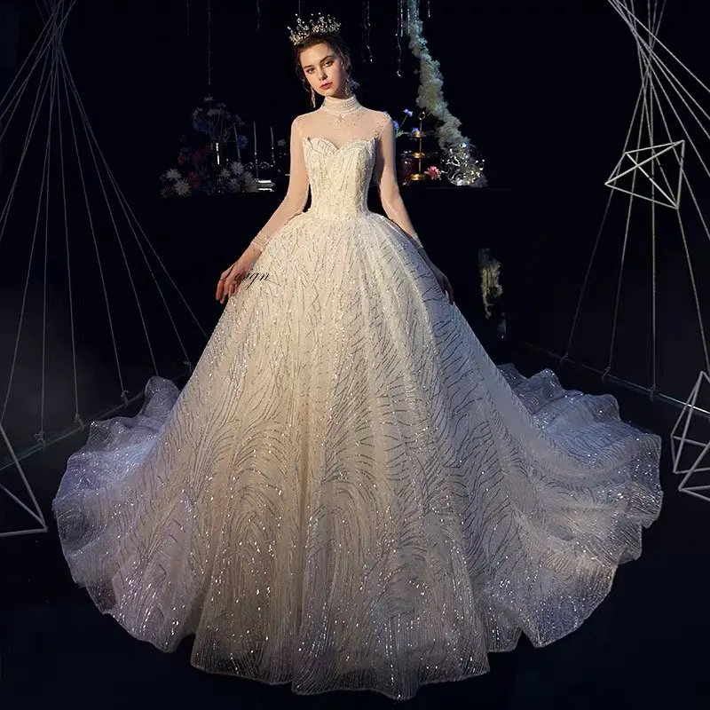

Amanda Design trajes de novia 2019 High Neck Full Sleeve Shiny Open Back Wedding Dress