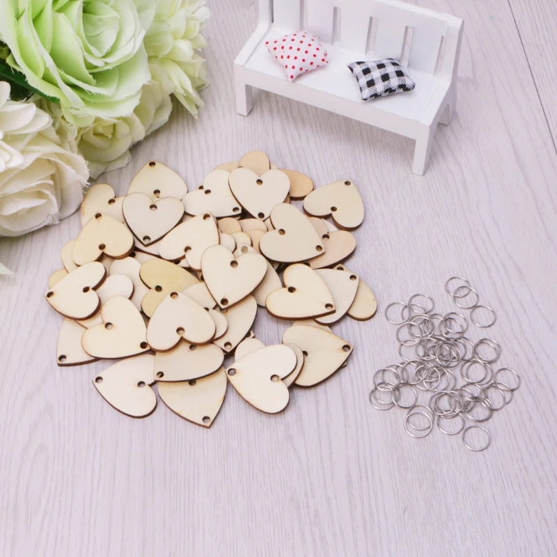 

50Pcs Solid Wooden Love Heart Slices Metal Rings For Birthday Board Calendar