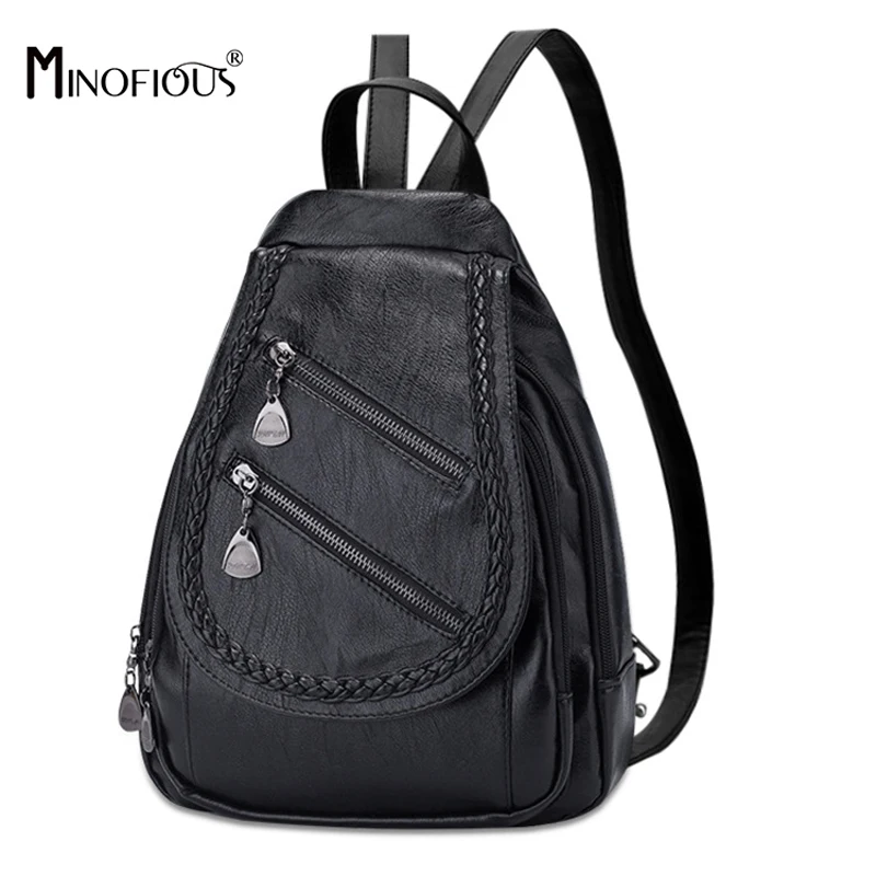 

MINOFIOUS Brand Soft PU Leather Women Backpack Solid School Bag for Teenager Girls Womens Fashion Casual College Backpacks