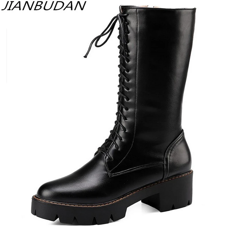 JIANBUDAN Pu leather women's autumn Knight boots Platform high heel waterproof Mid Calf boots Fashion Female motorcycle boots