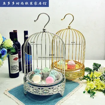 

Small gold silver single tier bird cage afternoon tea snack rack iron cake stand