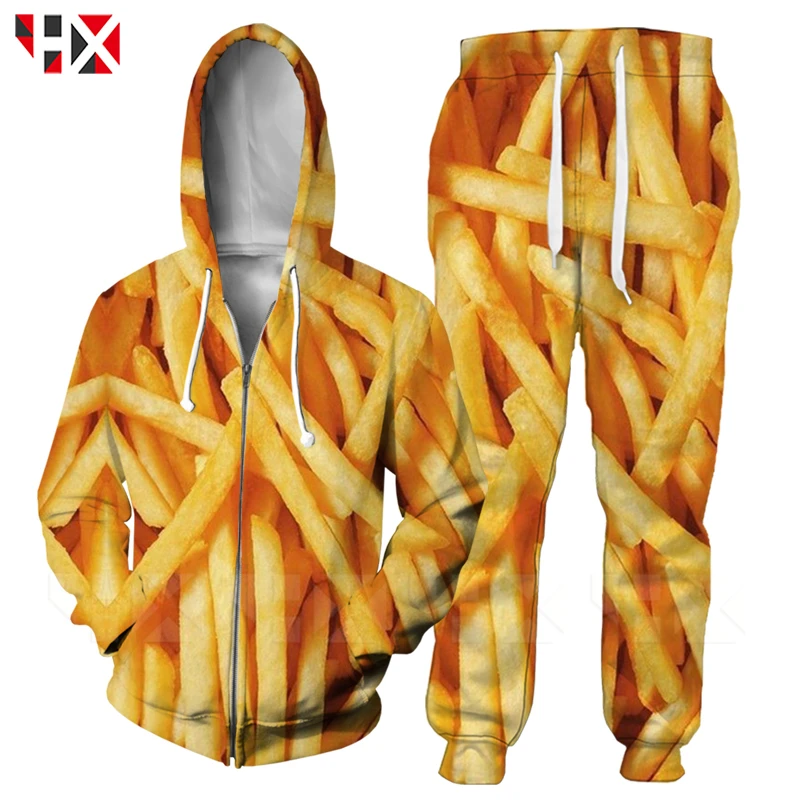 

HX Summer Trend Food Street T Shirt/Sweatshirt Set 3D Printed French Fries Short Sleeve Unisex Casual Harajuku Style Set HX465