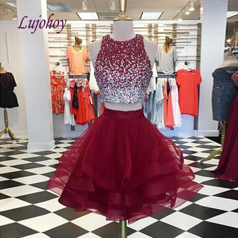 

Red Luxury Short Homecoming Dresses for Girls Crystal Two 2 Piece Tulle Women Cocktail Prom Grade 8 Graduation Dresses